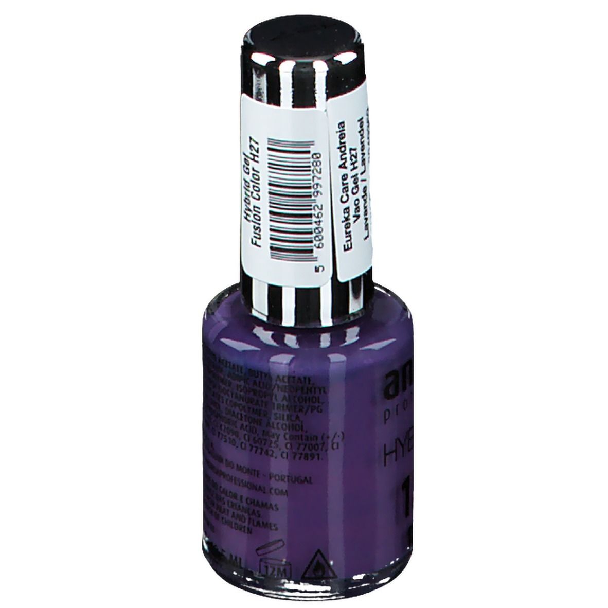 Flacon de vernis à ongles violet. Inscription : Andreia professional, Hybridgel, Fusion Color. Étiquette avec informations.