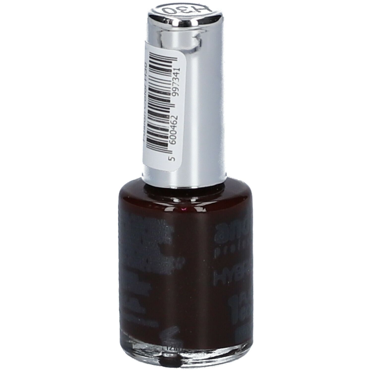 Flacon de vernis à ongles, marron foncé. Bouchon argenté avec code-barres. Inscription : Andreia Professional, Hybrid Gel.