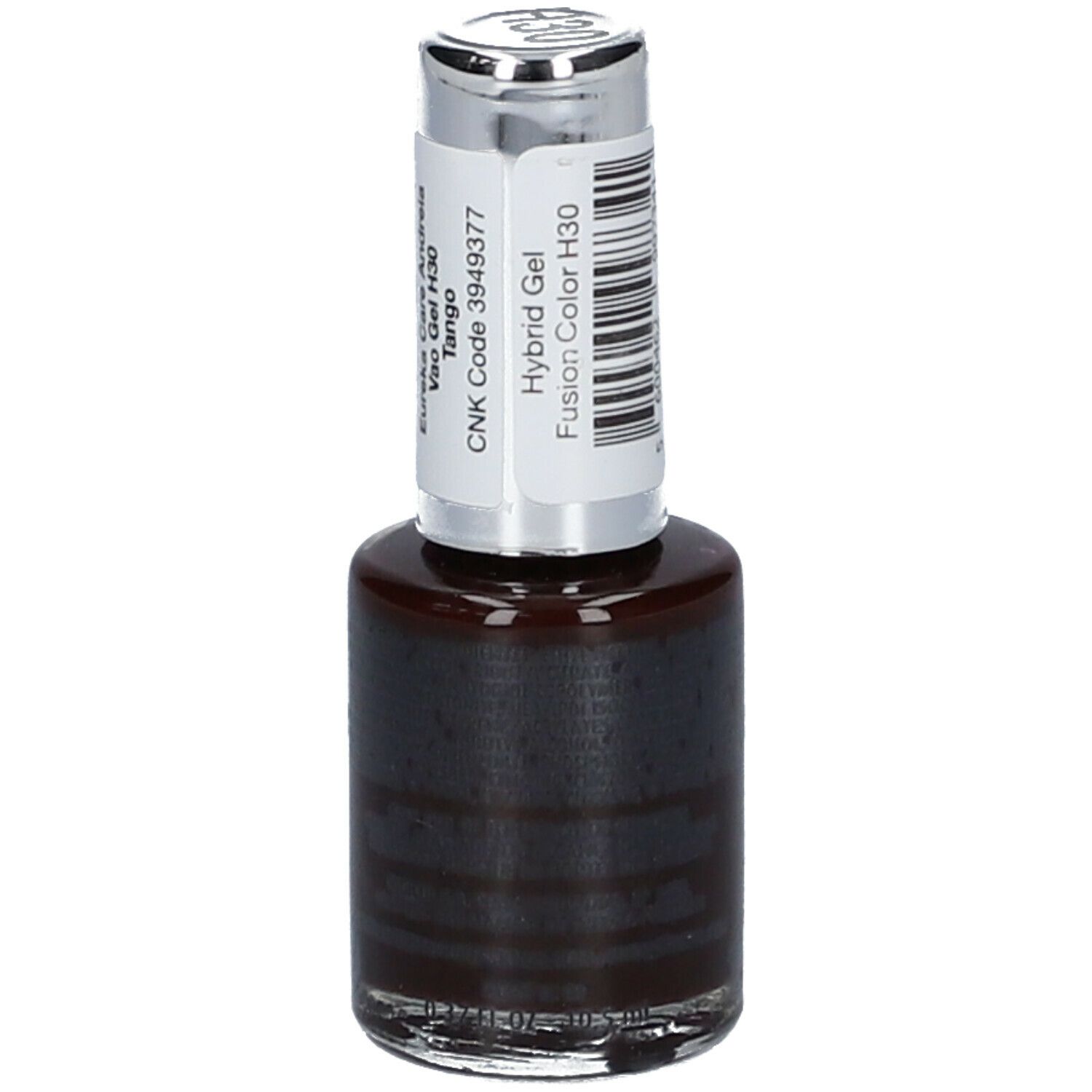 Flacon de vernis à ongles, marron foncé. Bouchon argenté avec étiquette. Inscription : Hybrid Gel Fusion Color H30 Tango.