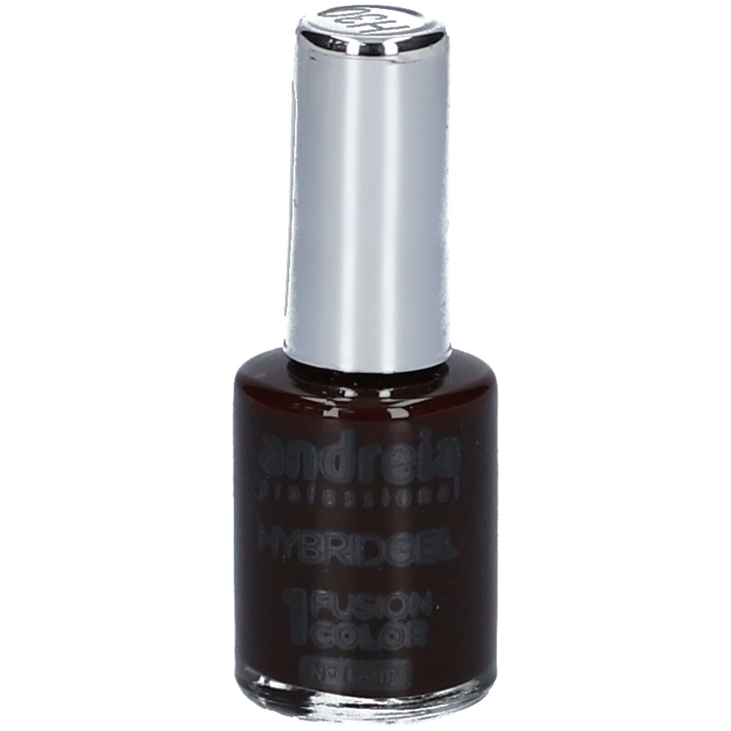Flacon de vernis à ongles, couleur marron foncé. Bouchon argenté. Inscription : Andreia Professional, Hybrid Gel, Fusion Color.