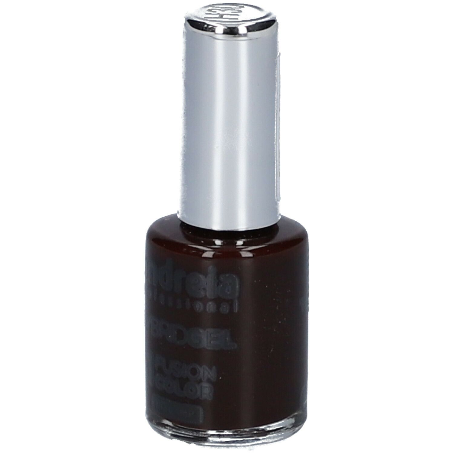 Flacon de vernis à ongles, couleur marron foncé. Bouchon argenté. Inscription : Andreia Professional, Hybrid Gel, Fusion Color.