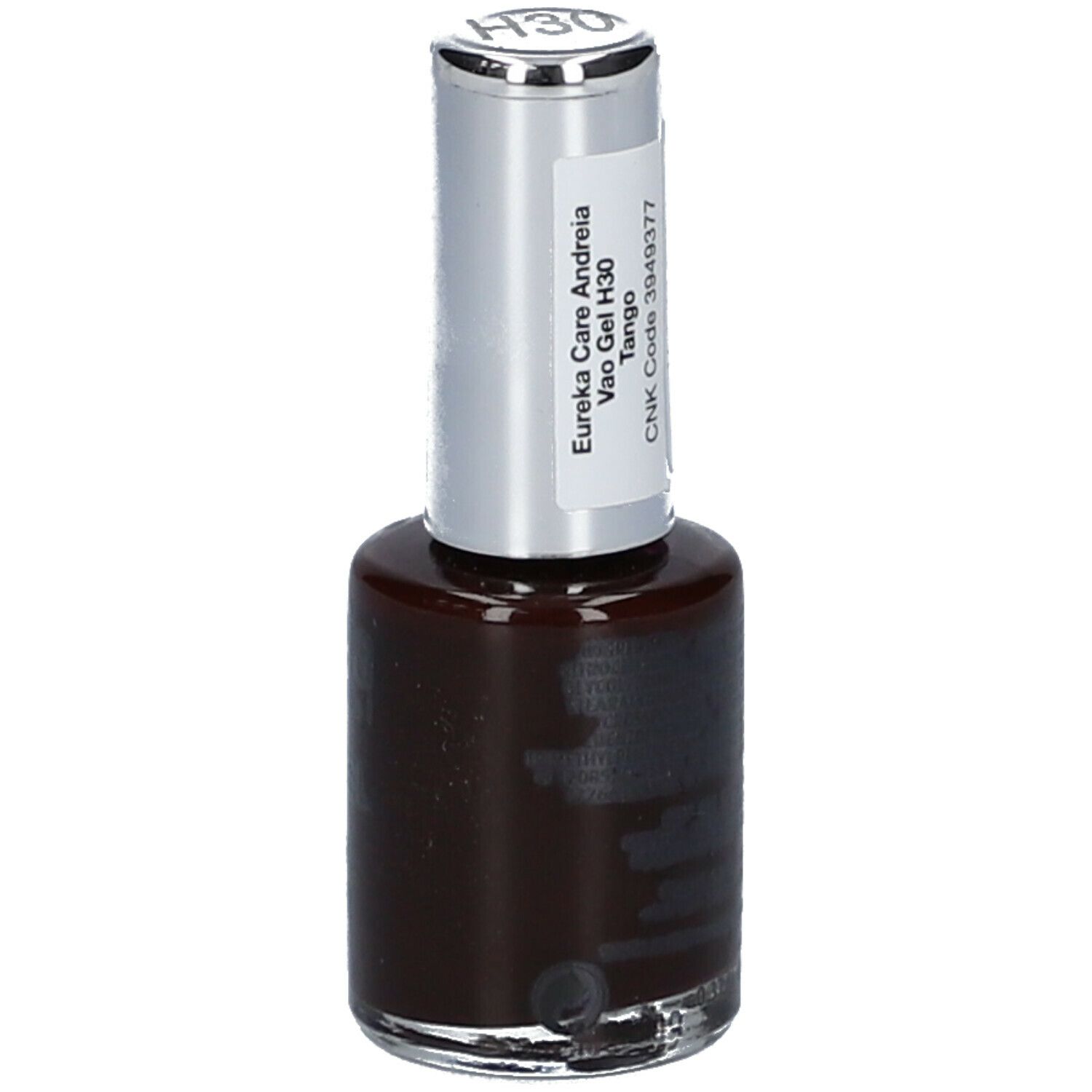 Flacon de vernis à ongles, marron foncé. Bouchon argenté avec étiquette. Inscription : Eureka Care Andreia, Vao Gel H30 Tango.