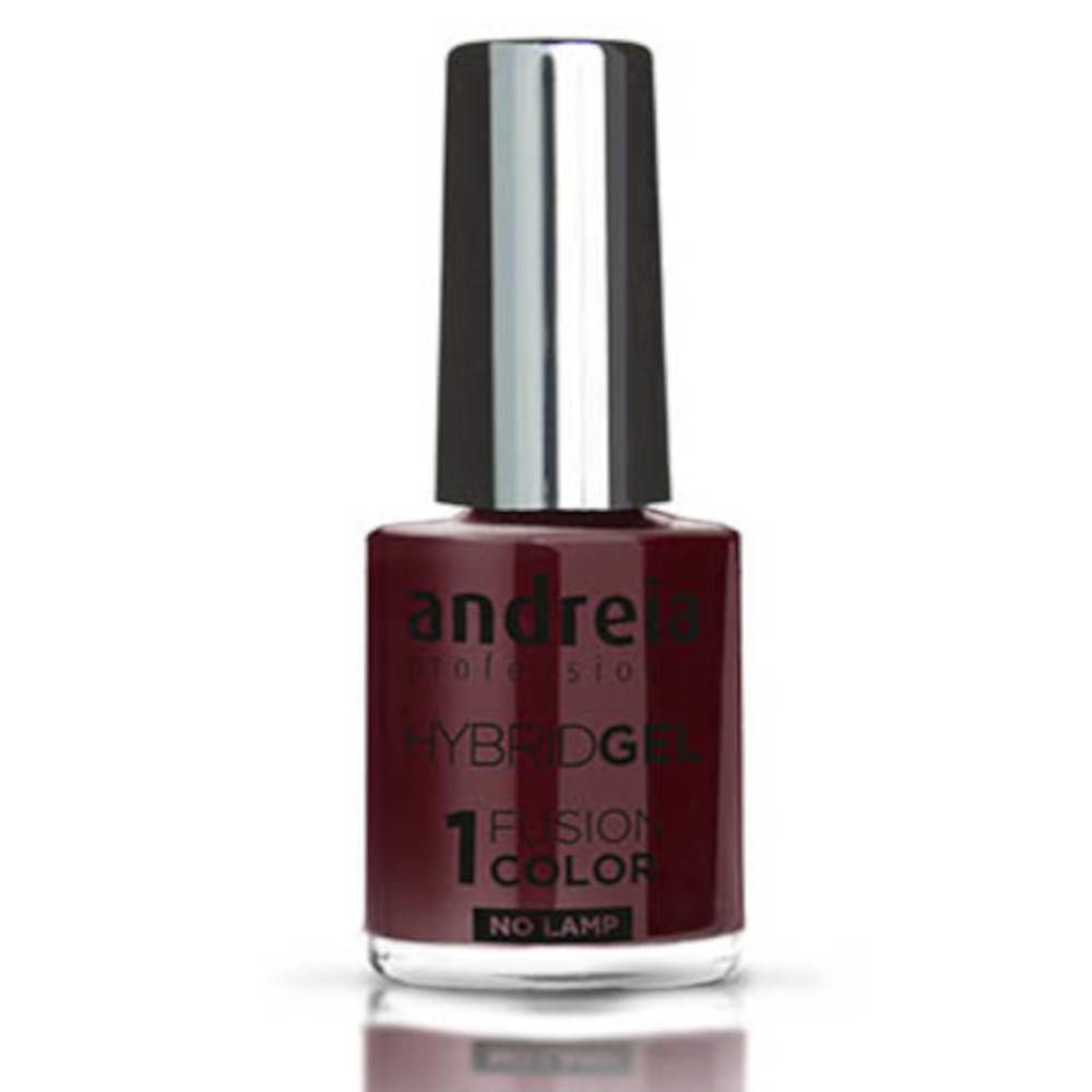 Flacon de vernis à ongles bordeaux foncé. Bouchon argenté. Inscriptions : andreia, HYBRIDGEL, 1 FUSION COLOR, NO LAMP.