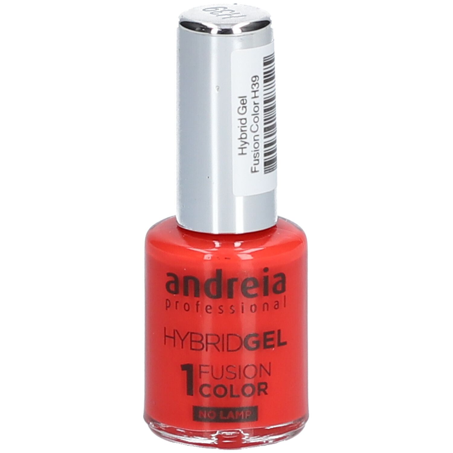 Vernis à ongles rouge Andreia Professional. HybridGel, Fusion Color H39. Flacon avec bouchon argenté et étiquette.