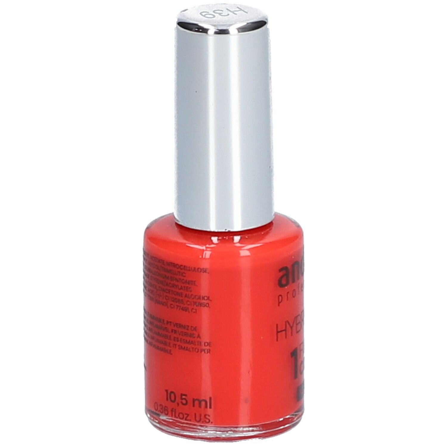 Vernis à ongles rouge Andreia Professional. HybridGel, Fusion Color H39. Flacon avec bouchon argenté et étiquette.