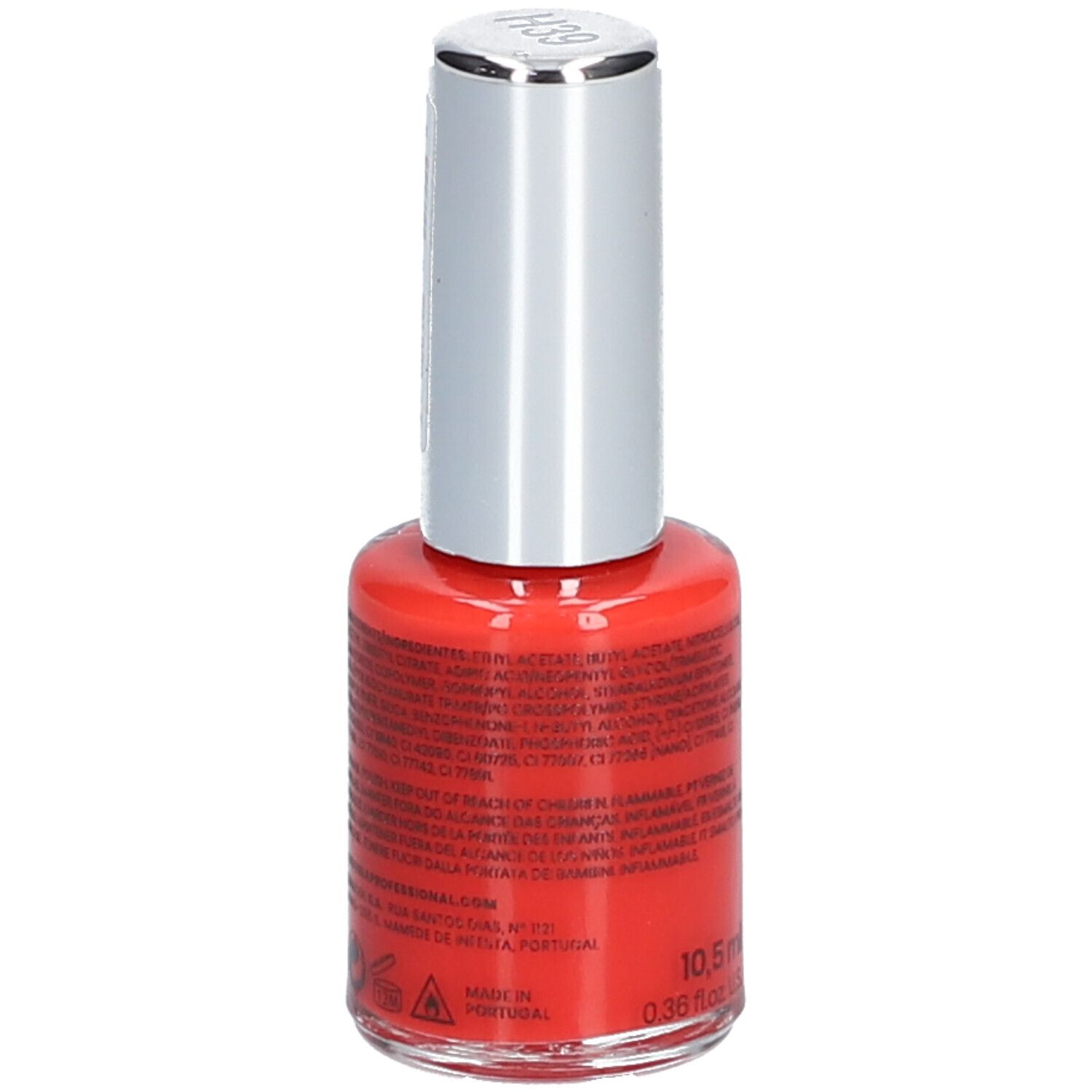 Vernis à ongles rouge Andreia Professional. HybridGel, Fusion Color H39. Flacon avec bouchon argenté et étiquette.
