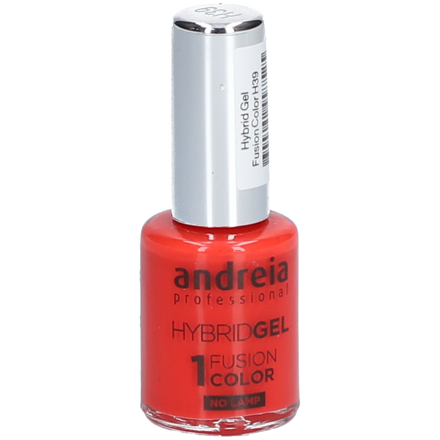 Vernis à ongles rouge Andreia Professional. HybridGel, Fusion Color H39. Flacon avec bouchon argenté et étiquette.