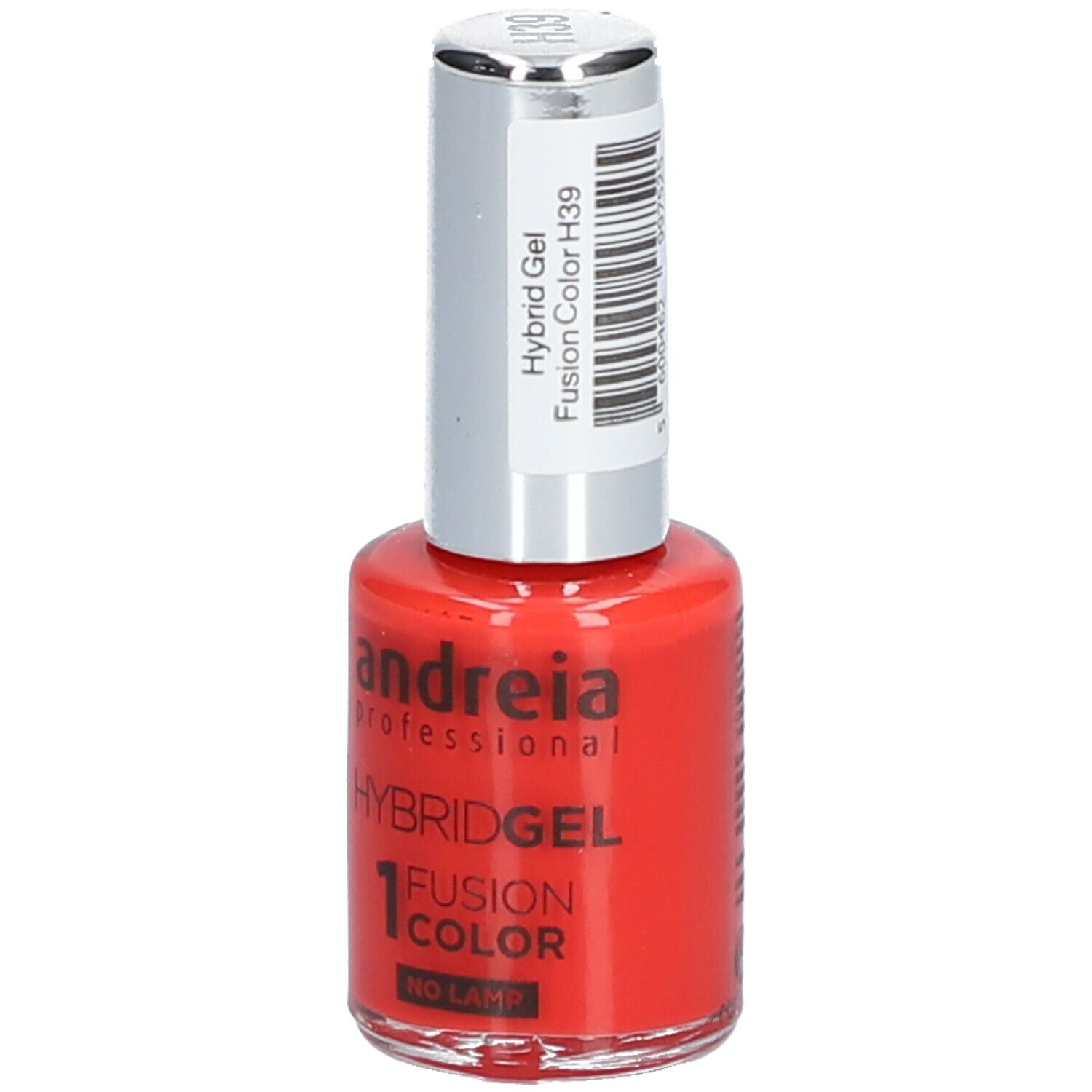 Vernis à ongles rouge Andreia Professional. HybridGel, Fusion Color H39. Flacon avec bouchon argenté et étiquette.