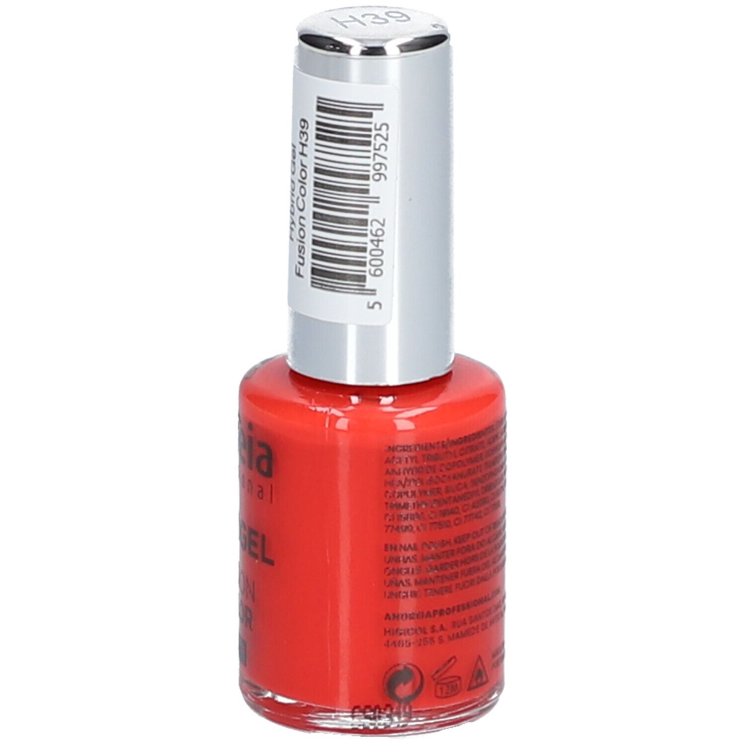 Vernis à ongles rouge Andreia Professional. HybridGel, Fusion Color H39. Flacon avec bouchon argenté et étiquette.