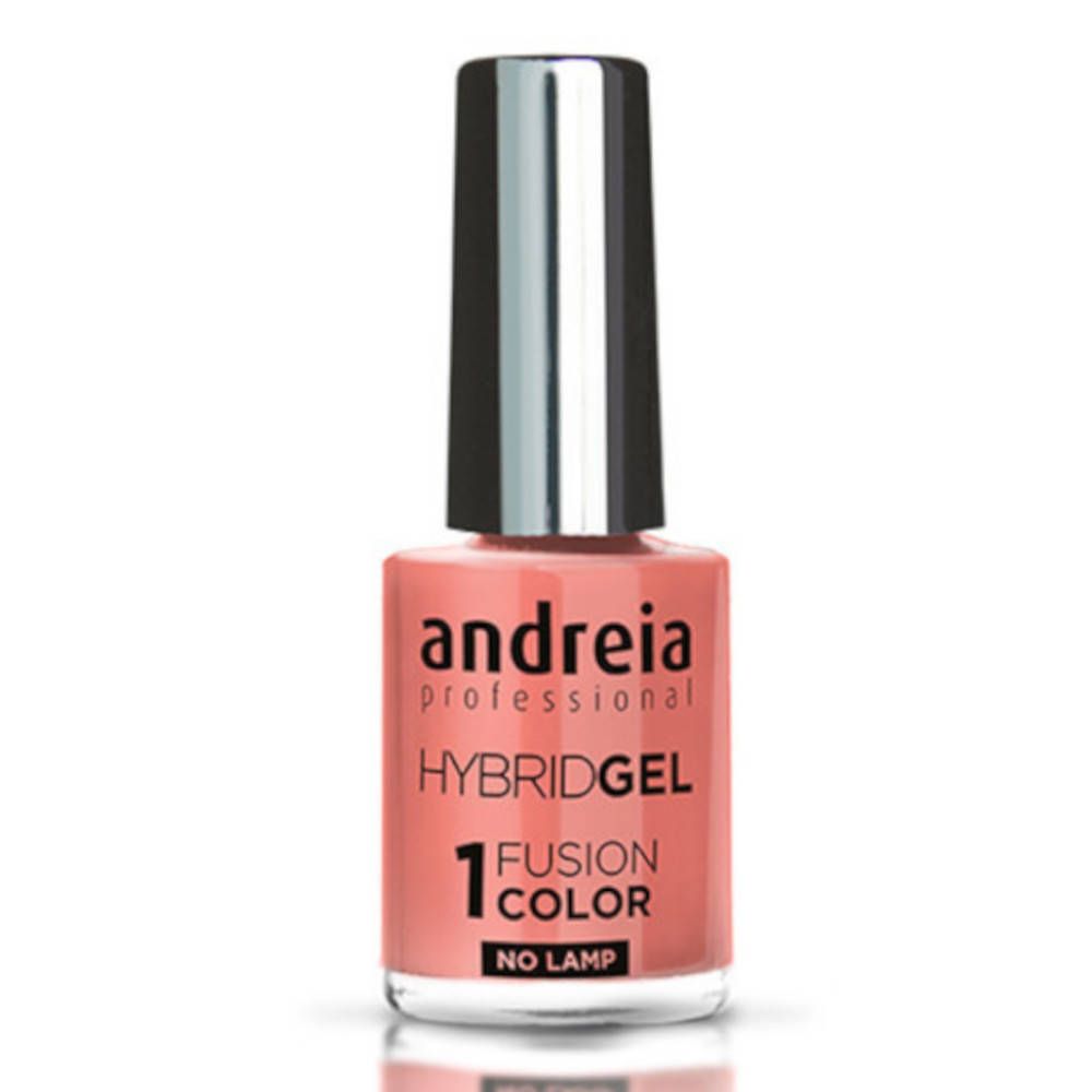 Flacon de vernis à ongles rose. Bouchon noir avec embout argenté. Inscription : andreia professional, HYBRIDGEL, 1 FUSION COLOR, NO LAMP.