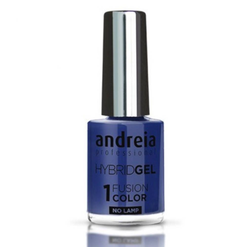 Blauwe nagellakfles met zilveren dop. Opschrift: Andreia Professional Hybridgel, 1 Fusion Color, No Lamp.