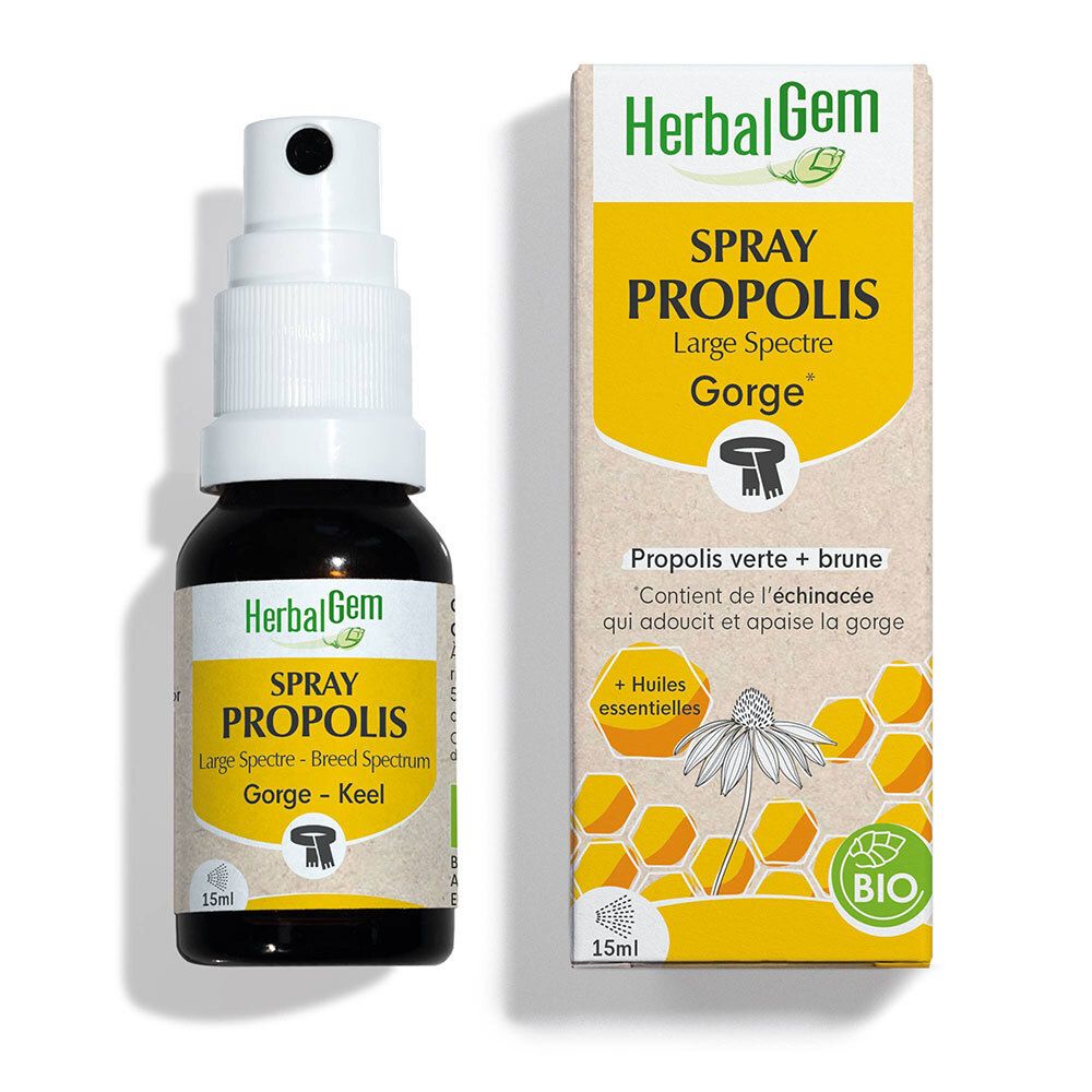 Flacon en verre brun avec spray et boîte. Inscription: HerbalGem Spray Propolis. 15ml.