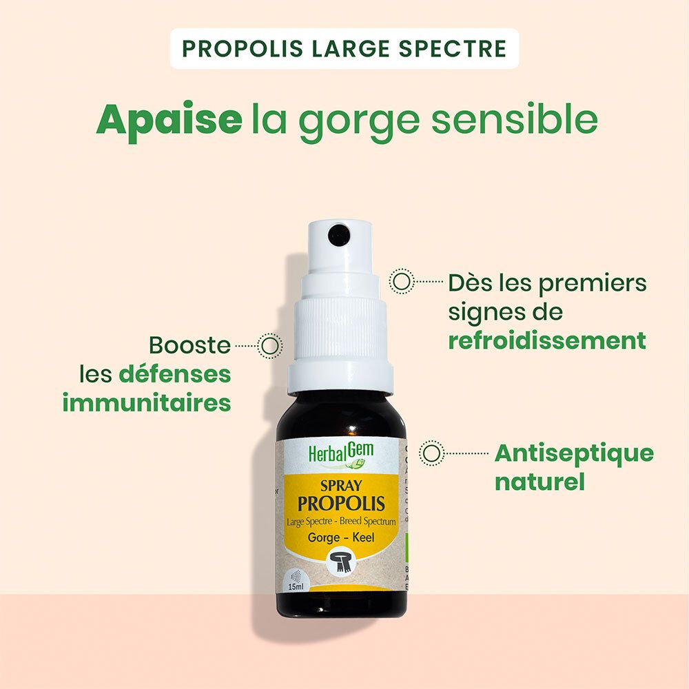 Flacon en verre brun avec spray. Inscription: HerbalGem Spray Propolis. 15ml. Sur l'étiquette: GORGES.