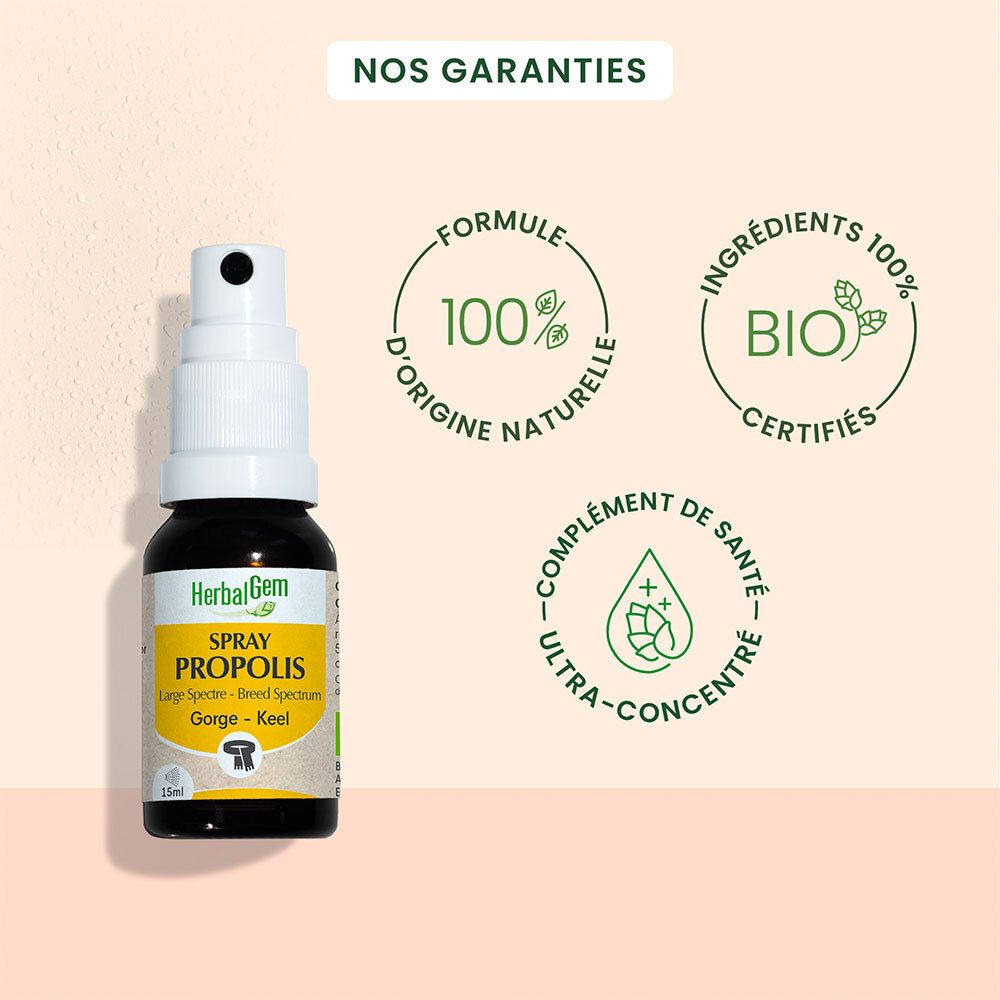 Flacon en verre brun avec spray. Inscription: HerbalGem Spray Propolis. 15ml. Avec logos.