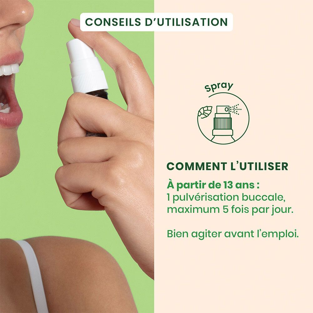 Bouche d'une personne prenant un spray dans la bouche. Inscription: HerbalGem Spray Propolis. 15ml.