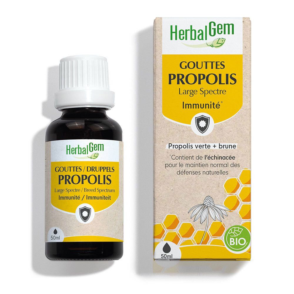 Flacon en verre brun avec bouchon blanc et étiquette jaune. Boîte en carton avec informations produit.
