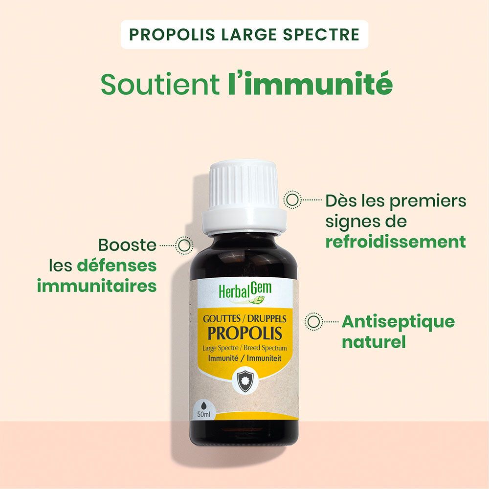Flacon en verre brun avec bouchon blanc. Texte: HerbalGem, gouttes Propolis, immunité. Éléments graphiques.