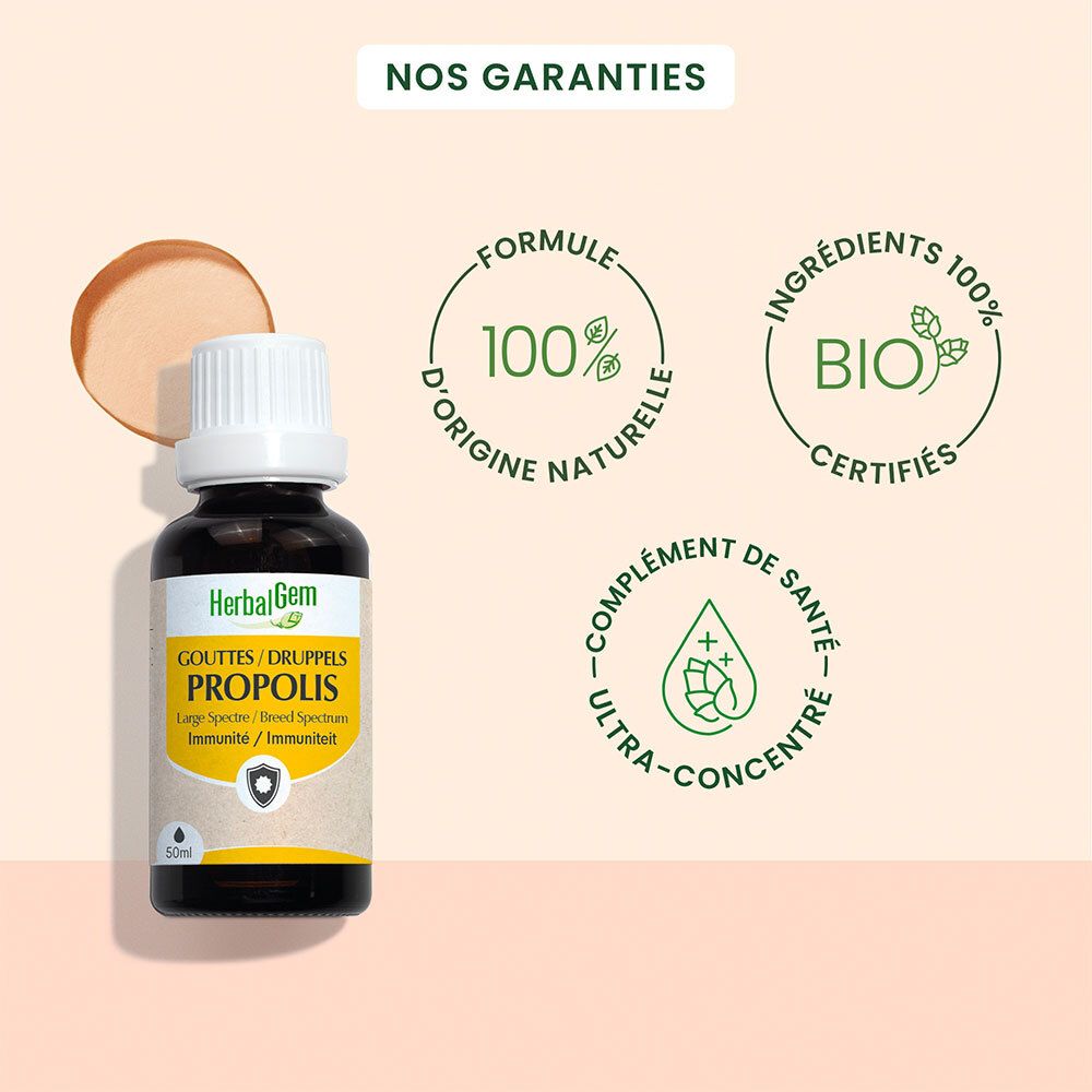 Flacon en verre brun avec bouchon blanc et étiquette jaune. Logos: ingrédients 100% naturels, certification bio.