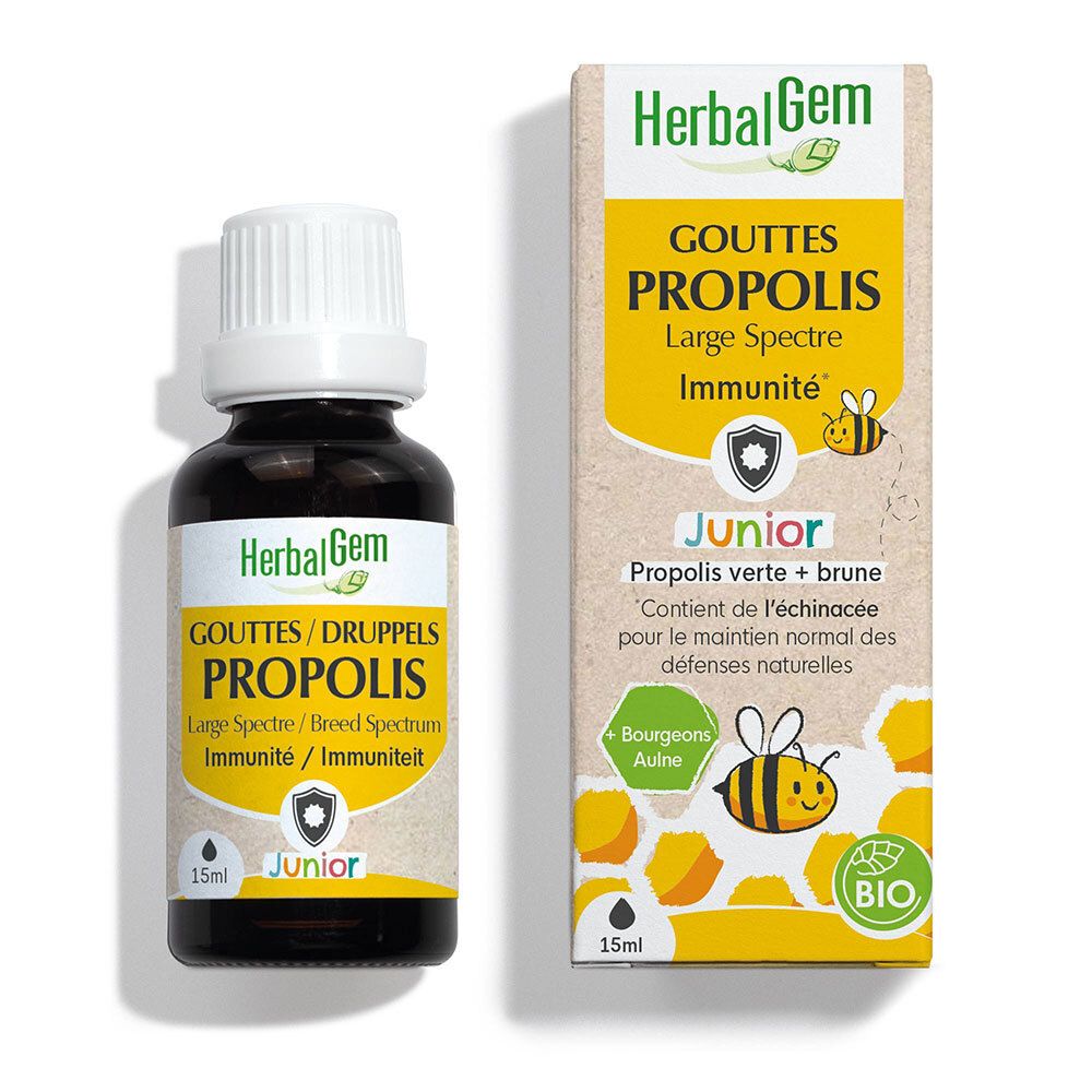 Flacon en verre brun et bouchon blanc, avec étui. Inscription: HerbalGem Propolis Junior. Certification BIO.