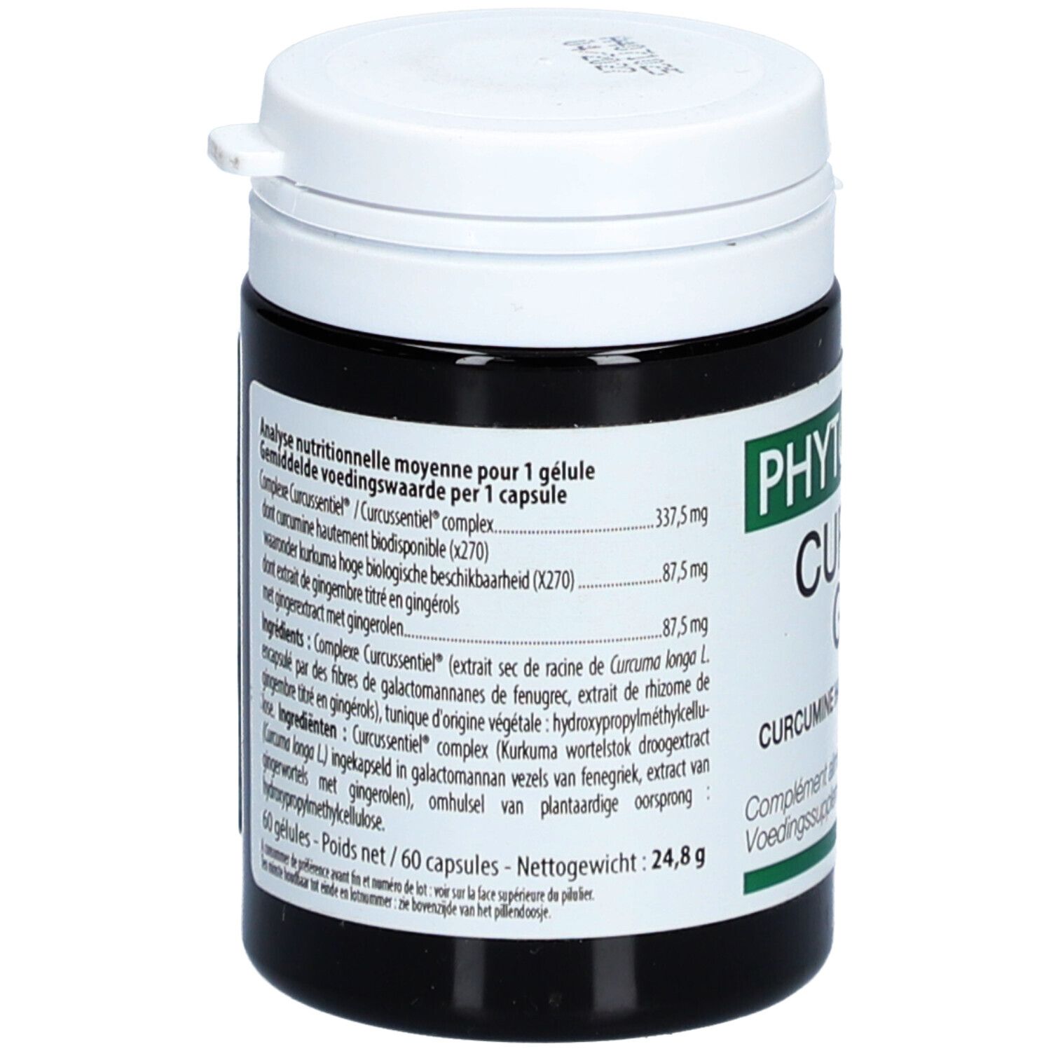 Donkere pot met witte deksel. Opschrift: PHYTOMANCE CURCUMA GOLD. Bevat 60 capsules. Tekst in het Frans en Nederlands.
