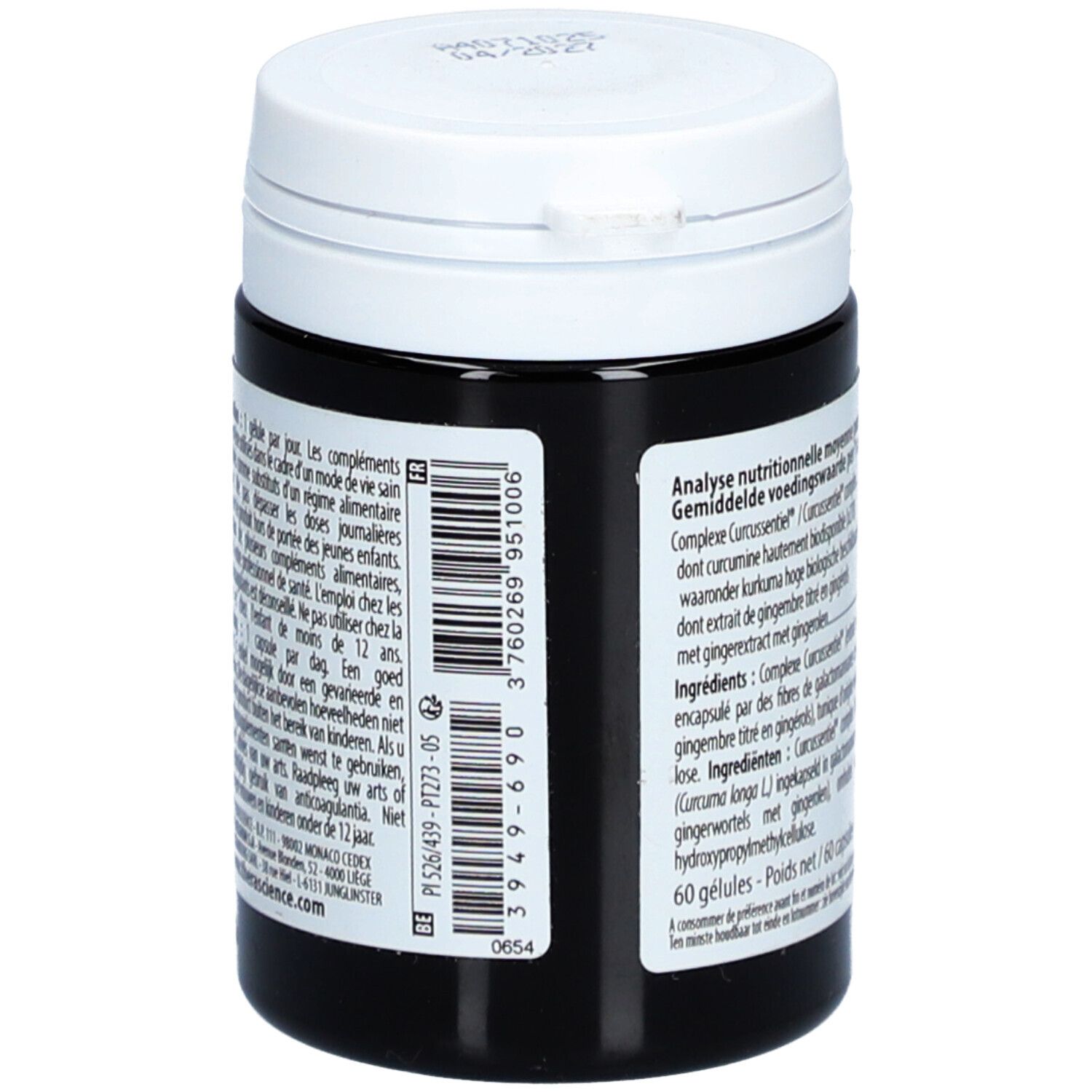 Donkere pot met witte deksel. Opschrift: PHYTOMANCE CURCUMA GOLD. Bevat 60 capsules. Tekst in het Frans en Nederlands.