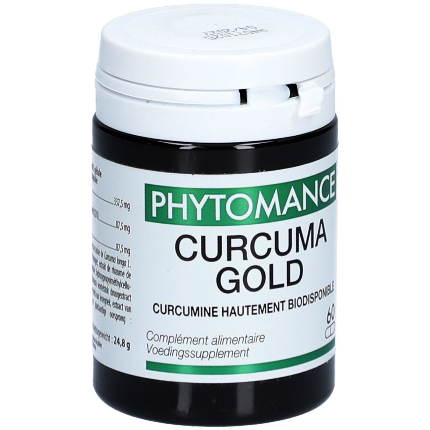 Donkere pot met witte deksel. Opschrift: PHYTOMANCE CURCUMA GOLD. Bevat 60 capsules. Tekst in het Frans en Nederlands.