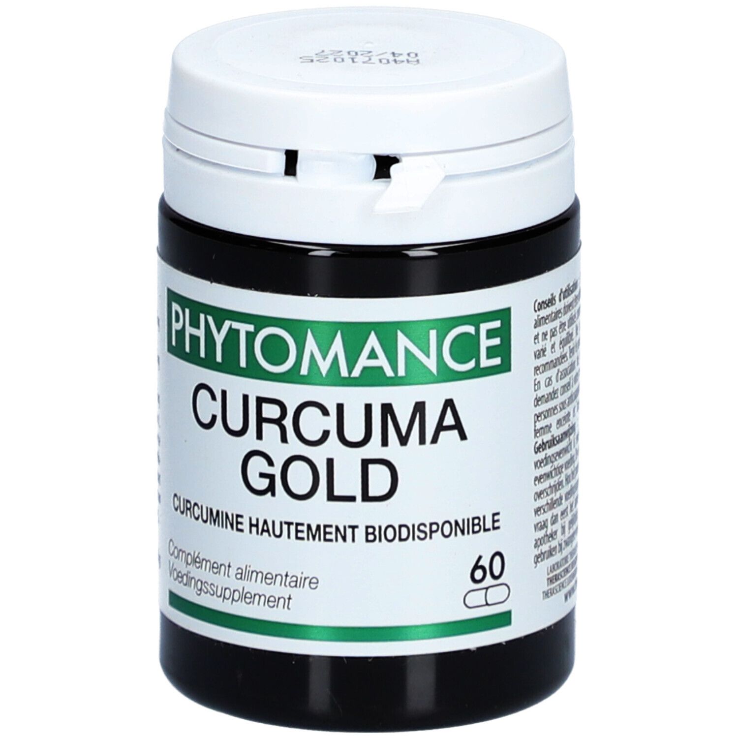 Donkere pot met witte deksel. Opschrift: PHYTOMANCE CURCUMA GOLD. Bevat 60 capsules. Tekst in het Frans en Nederlands.