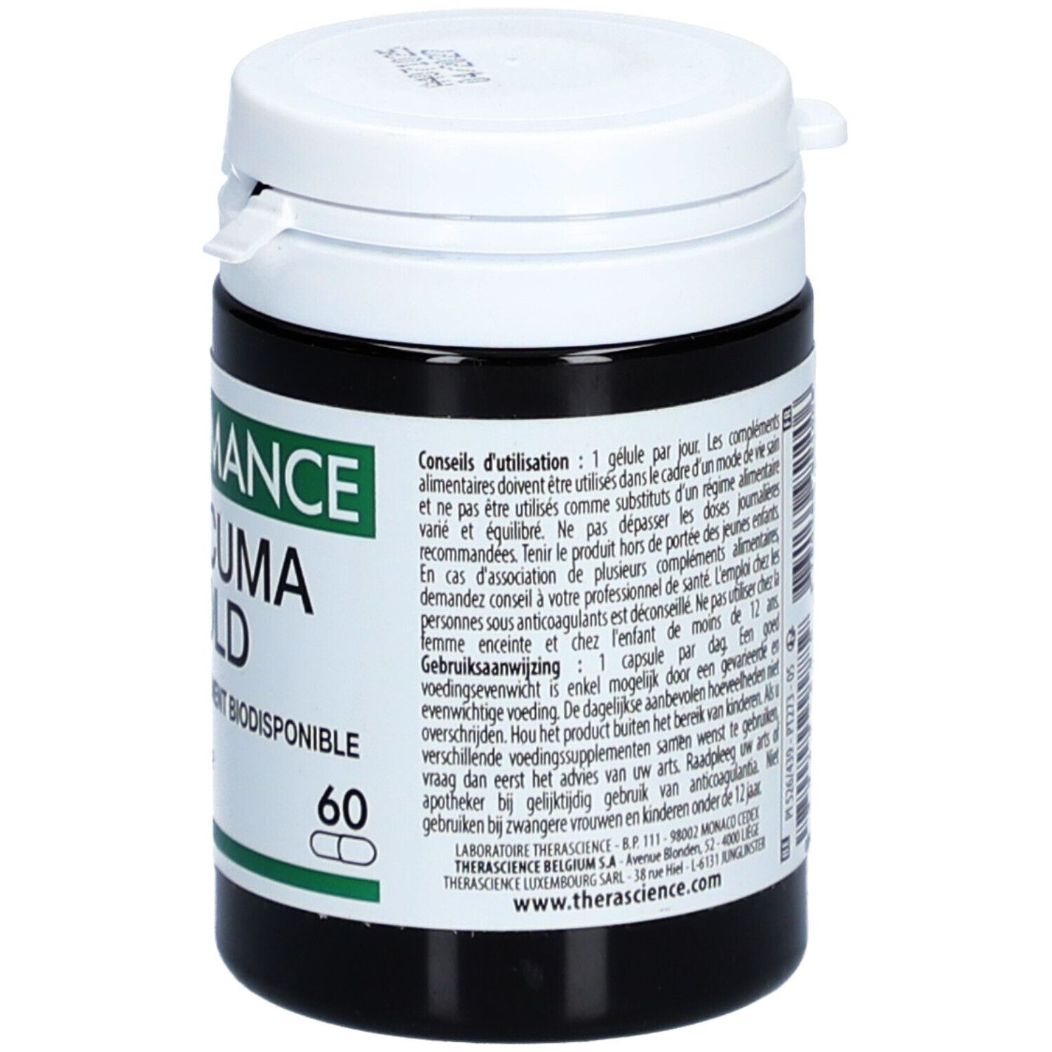 Donkere pot met witte deksel. Opschrift: PHYTOMANCE CURCUMA GOLD. Bevat 60 capsules. Tekst in het Frans en Nederlands.