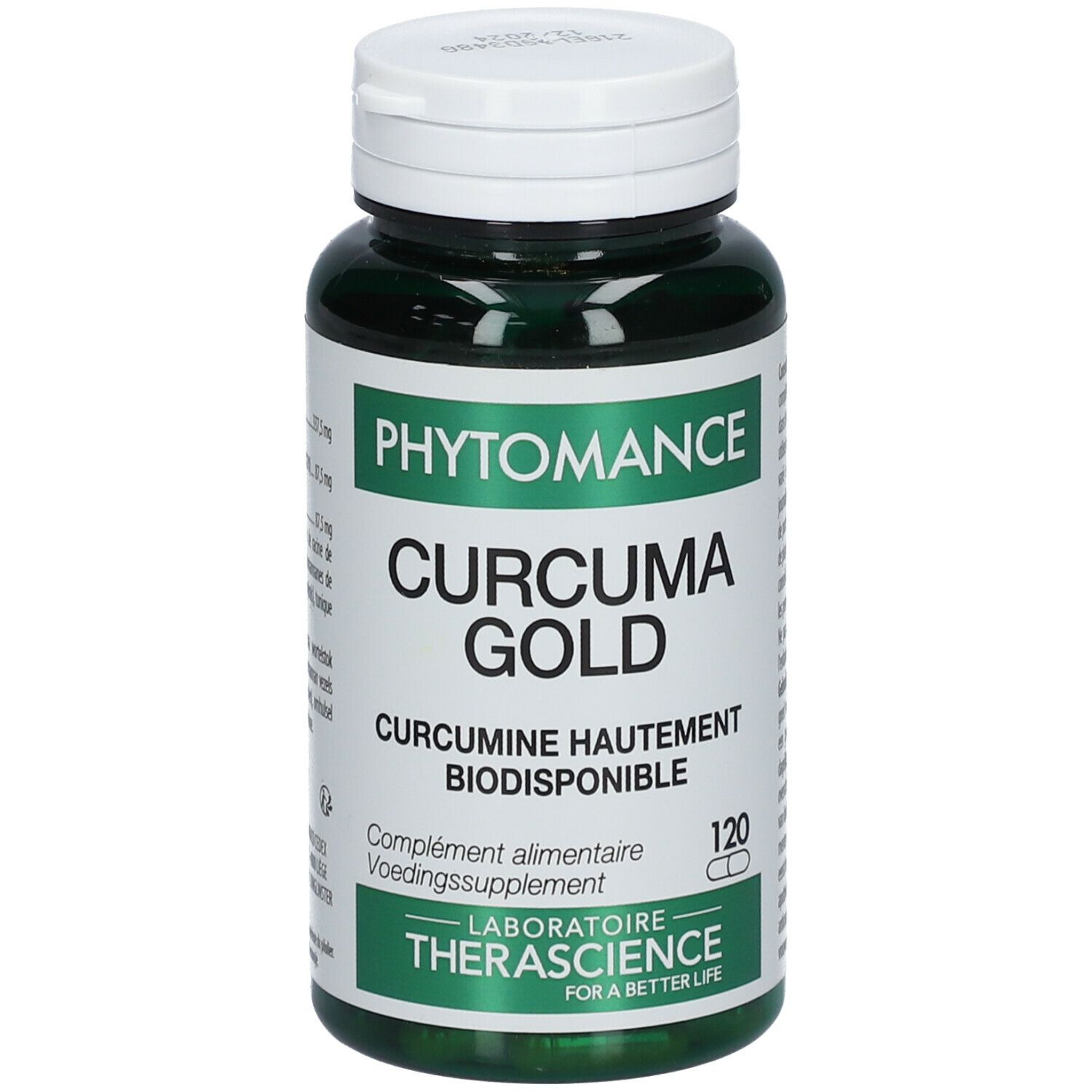 Groene fles met witte dop. Opschrift: PHYTOMANCE CURCUMA GOLD. 120 capsules. Laboratoire Therascience.