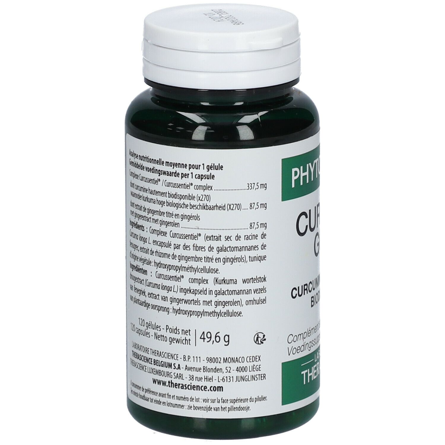 Achterkant van de groene fles. Tekst met voedingswaarde en ingrediënten. 120 capsules. Laboratoire Therascience.
