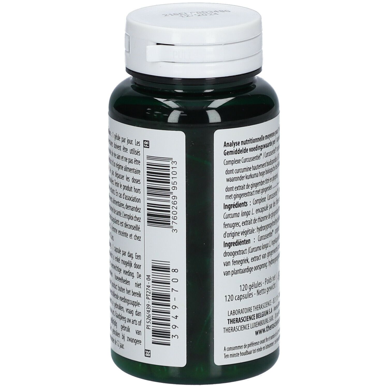 Achterkant van de groene fles. Tekst met voedingswaarde en ingrediënten. 120 capsules. Laboratoire Therascience.