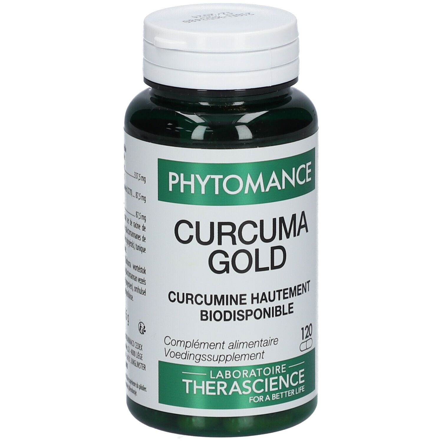 Groene fles met witte dop. Opschrift: PHYTOMANCE CURCUMA GOLD. 120 capsules. Laboratoire Therascience.