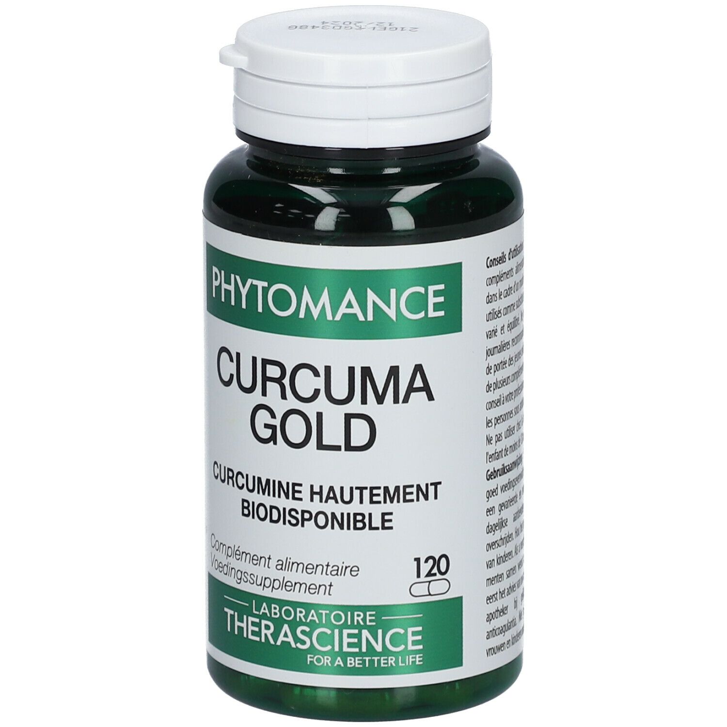 Groene fles met witte dop. Opschrift: PHYTOMANCE CURCUMA GOLD. 120 capsules. Laboratoire Therascience.