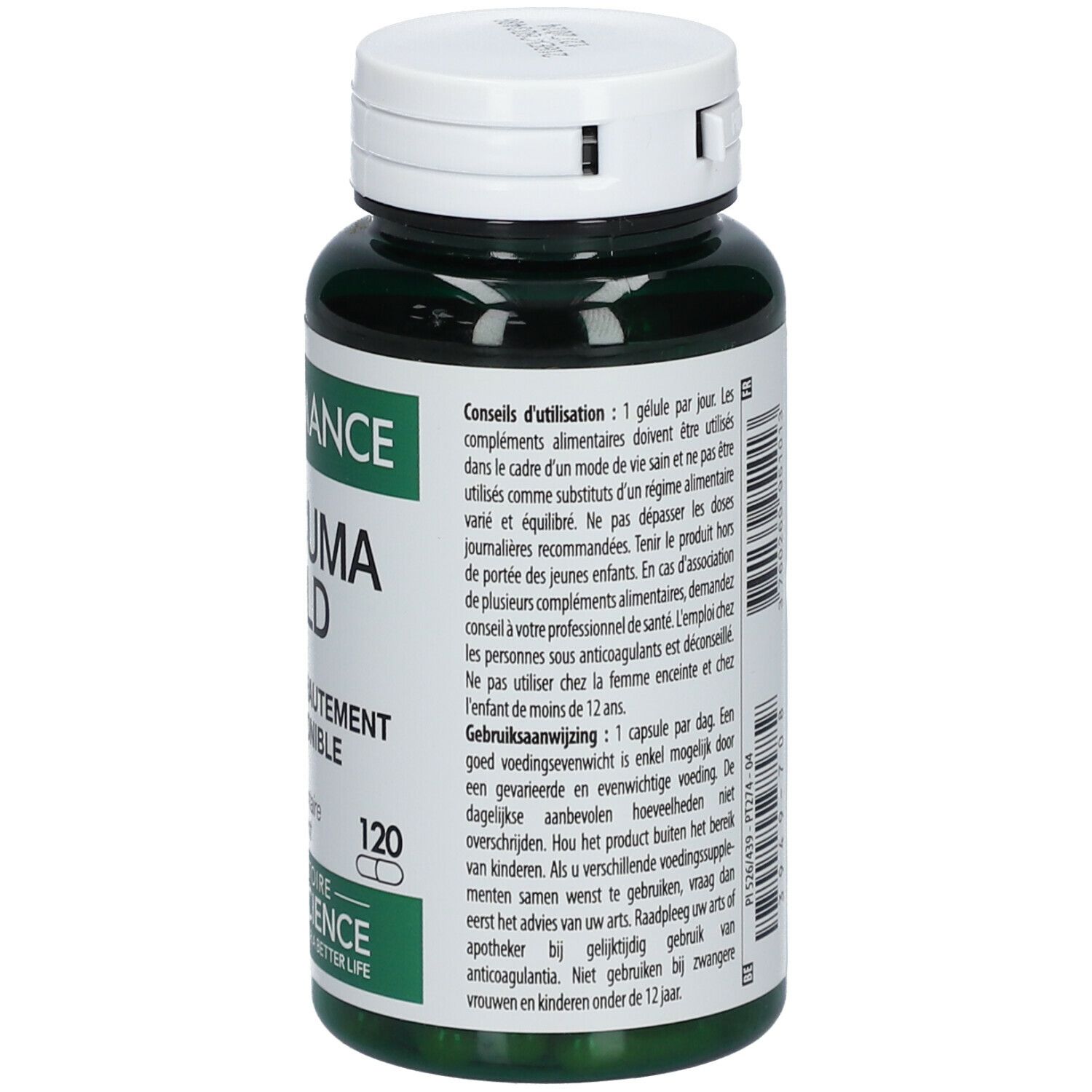 Achterkant van de groene fles. Tekst met gebruiksaanwijzing. 120 capsules. Laboratoire Therascience.
