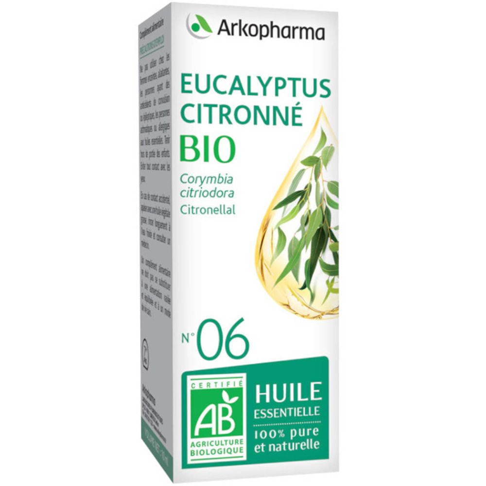 Boîte Olfae N°06 Eucalyptus Citron Huile Essentielle Bio. Certification AB. Illustration goutte.