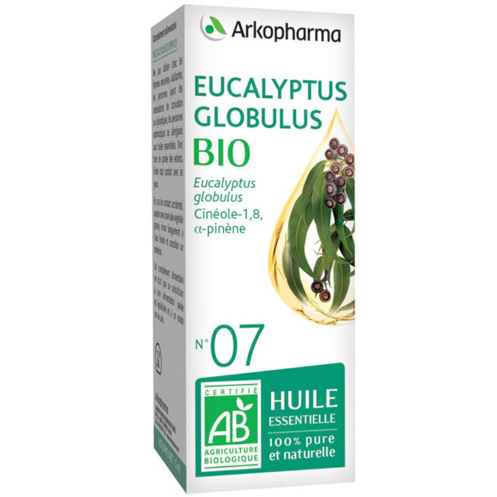 Emballage Olfae N°07 Eucalyptus Globulus Bio. Boîte verte et blanche avec informations produit et certification AB.