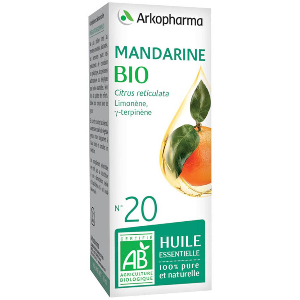 Boîte avec illustration produit. Inscription: Mandarine Bio, Huile Essentielle, certification AB.