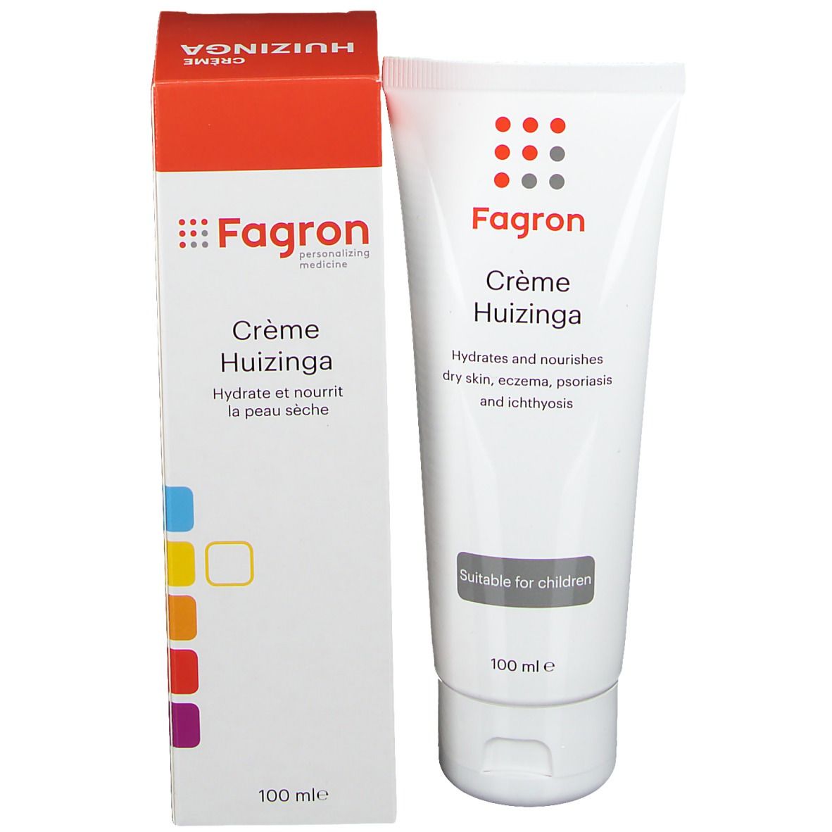 Emballage du produit avec tube et boîte. Boîte avec logo Fagron et Crème Huizinga. Tube à côté.