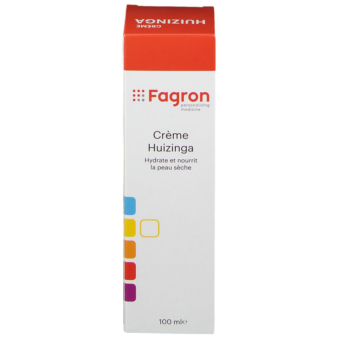 Boîte blanche avec dessus rouge. Logo Fagron et Crème Huizinga. Texte: Hydrate et nourrit la peau sèche. 100 ml.