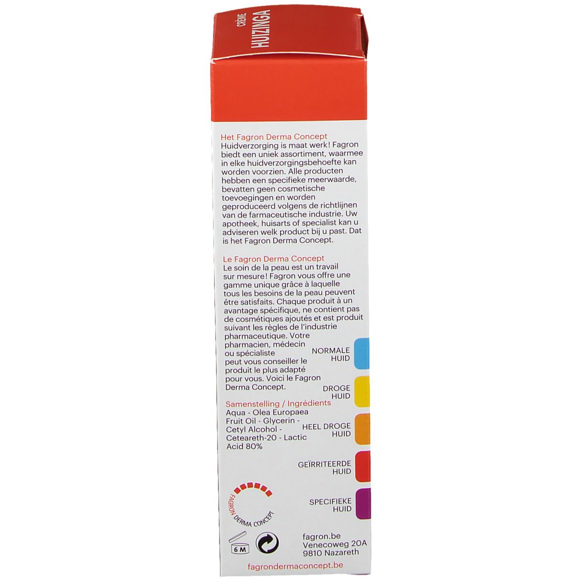 Dessus rouge d'une boîte avec texte en néerlandais et français. Logo Fagron et informations sur la peau.