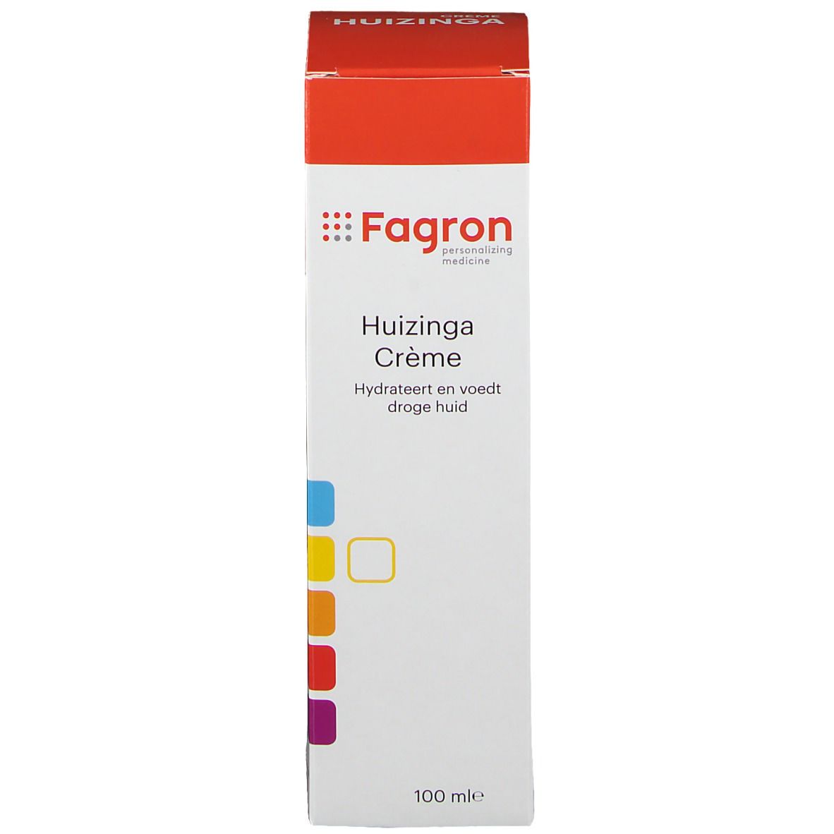 Boîte avec logo Fagron et Crème Huizinga. Texte: Hydrate et nourrit la peau sèche. 100 ml. Bandes colorées.