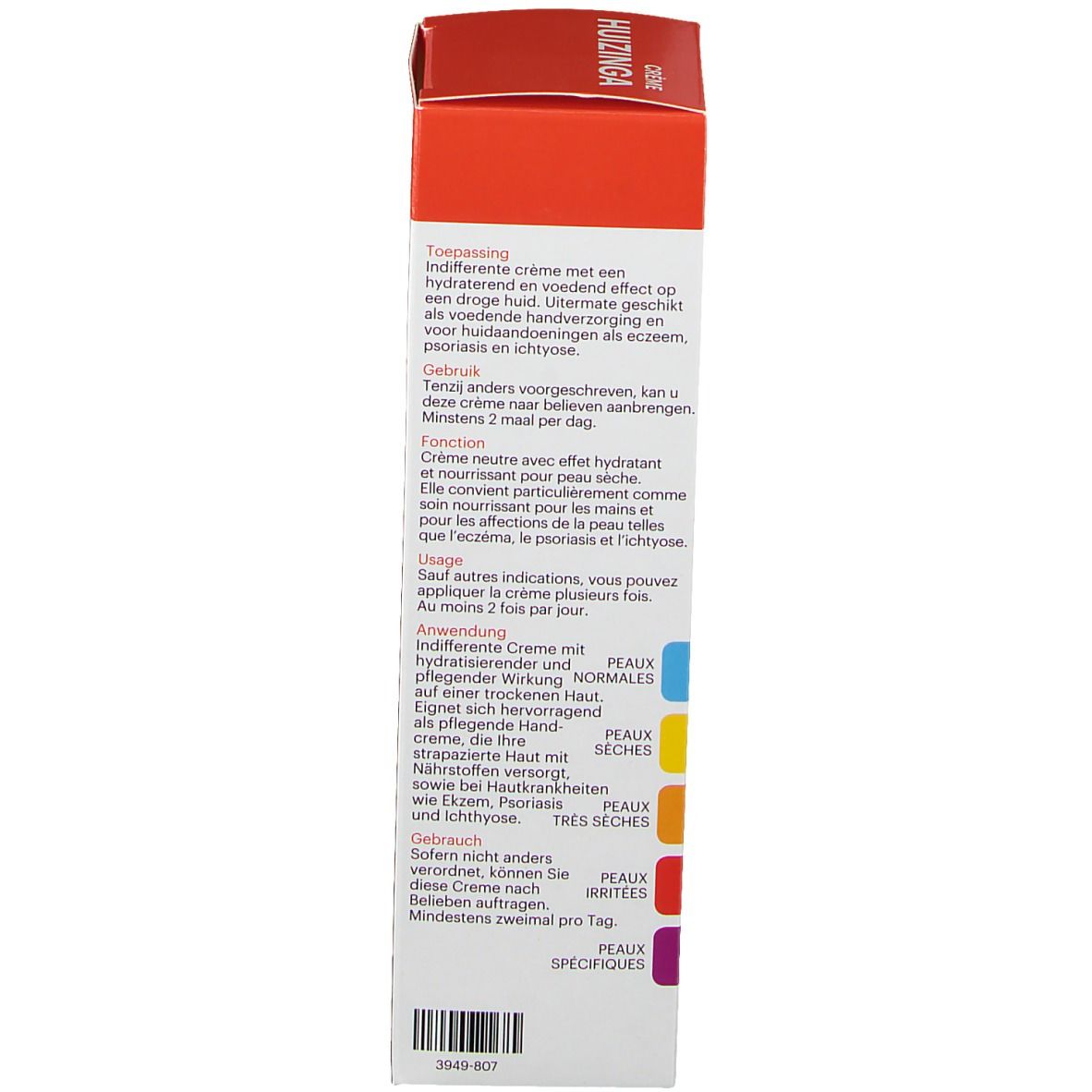 Dos de la boîte avec texte en néerlandais et français. Informations sur l'utilisation et les types de peau. Bandes colorées.