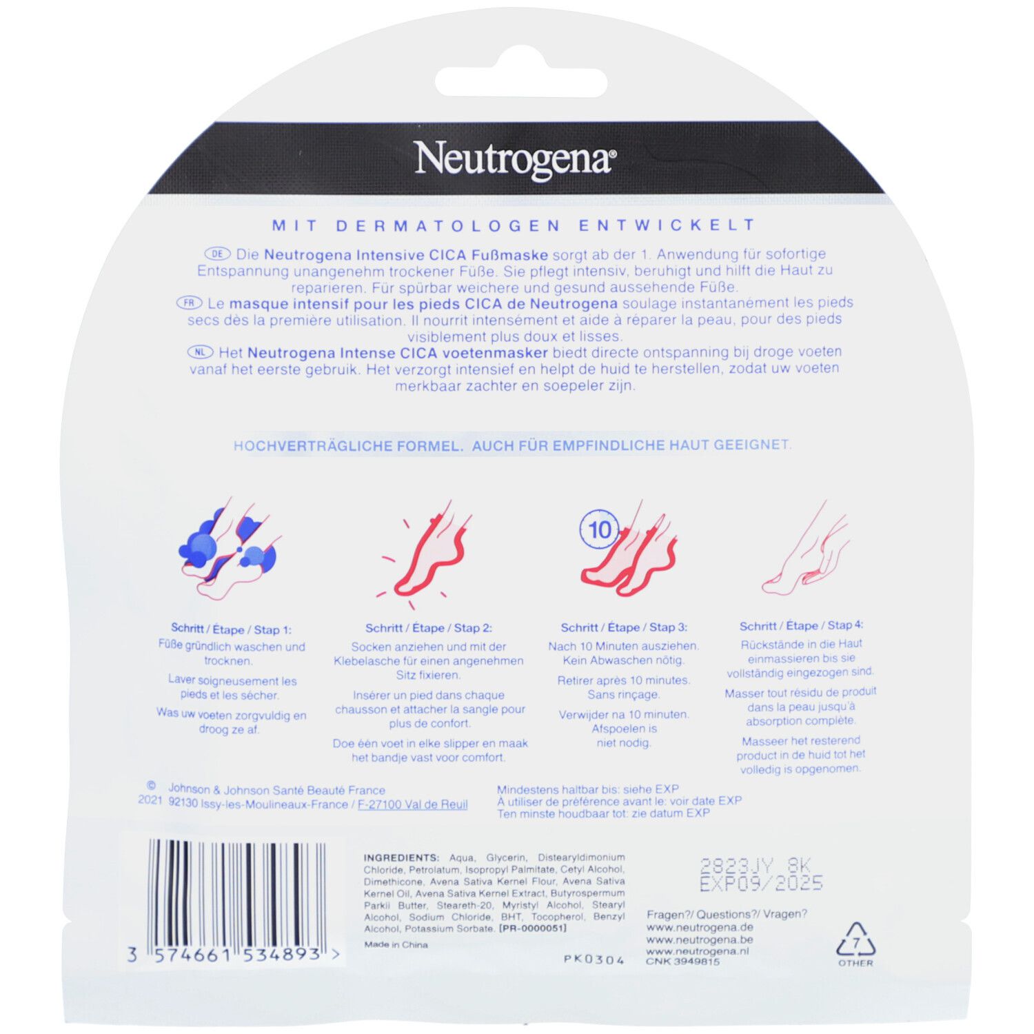 Achterkant van de Neutrogena voetmaskerverpakking. Wit met productnaam en logo. Illustraties van gebruik. Tekst.