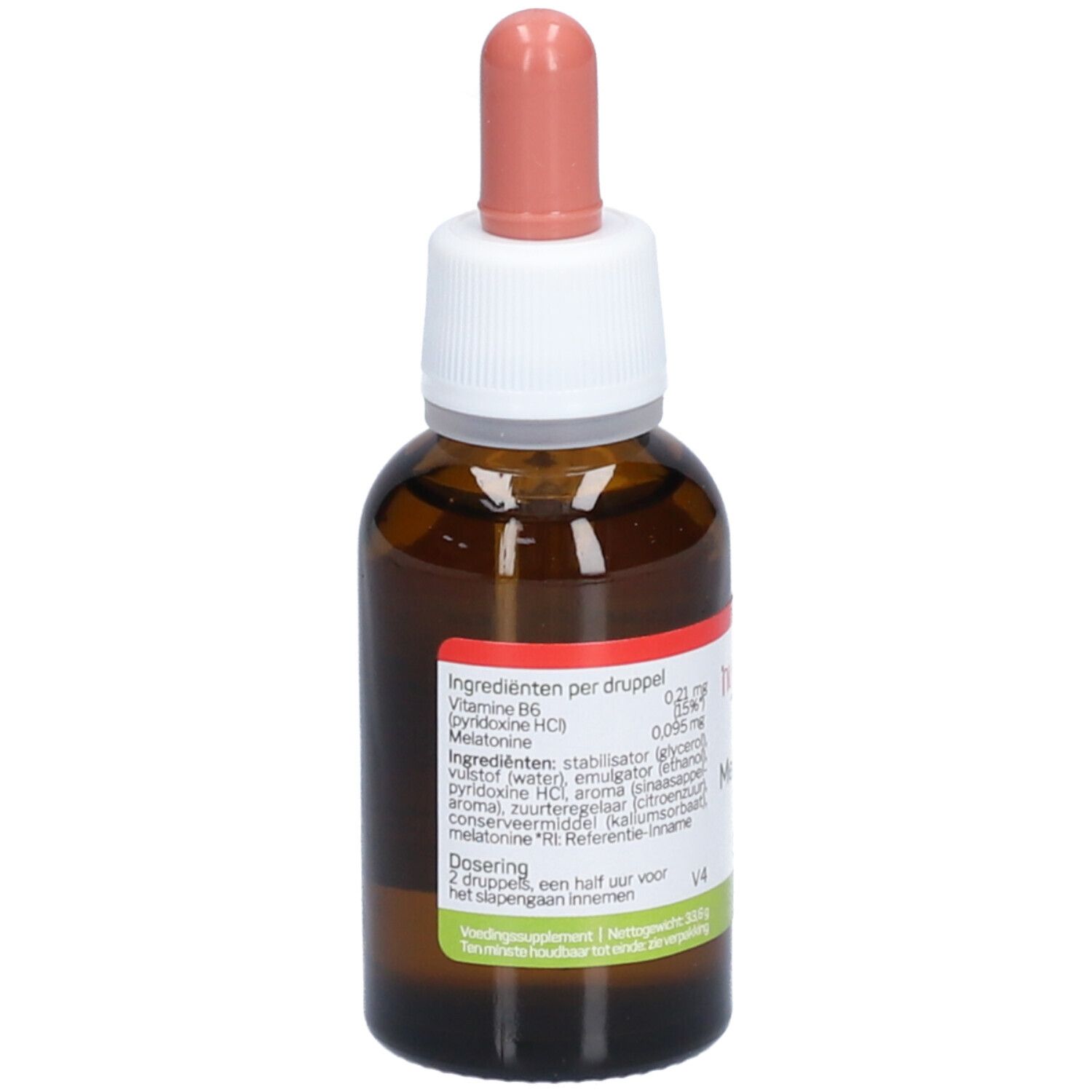 Flacon en verre brun avec compte-gouttes. Étiquette avec ingrédients et dosage. Marque Nutrisan, produit Meladormil.