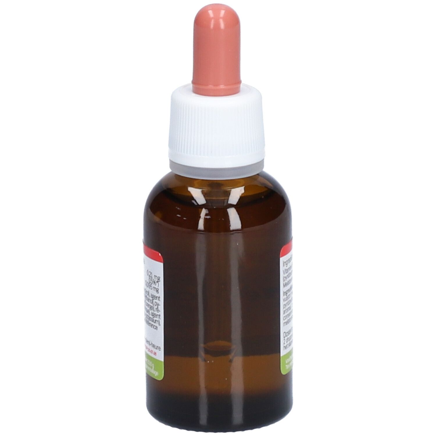 Flacon en verre brun avec compte-gouttes. Étiquette avec ingrédients et dosage. Marque Nutrisan, produit Meladormil.