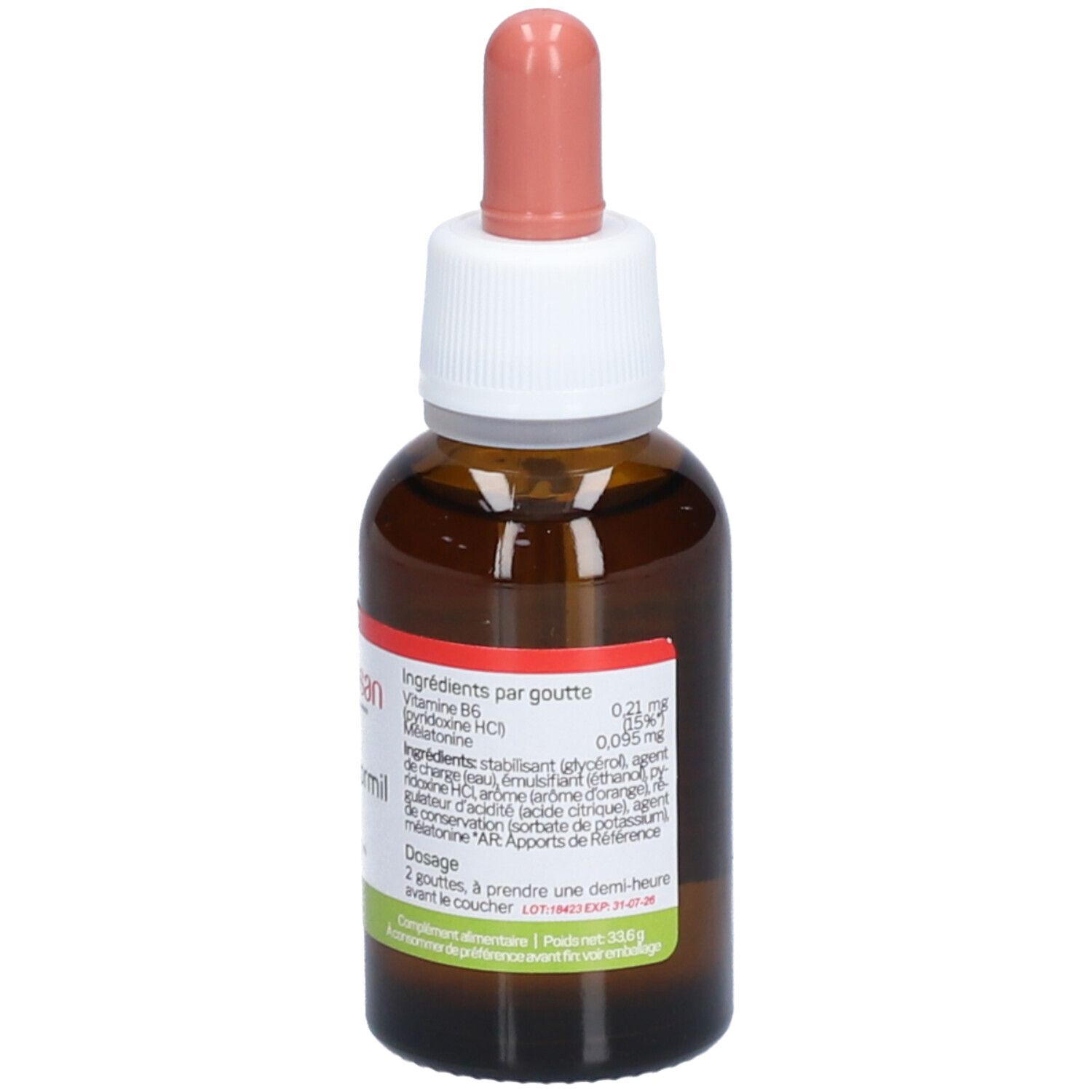 Flacon en verre brun avec compte-gouttes. Étiquette avec ingrédients et dosage. Marque Nutrisan, produit Meladormil.