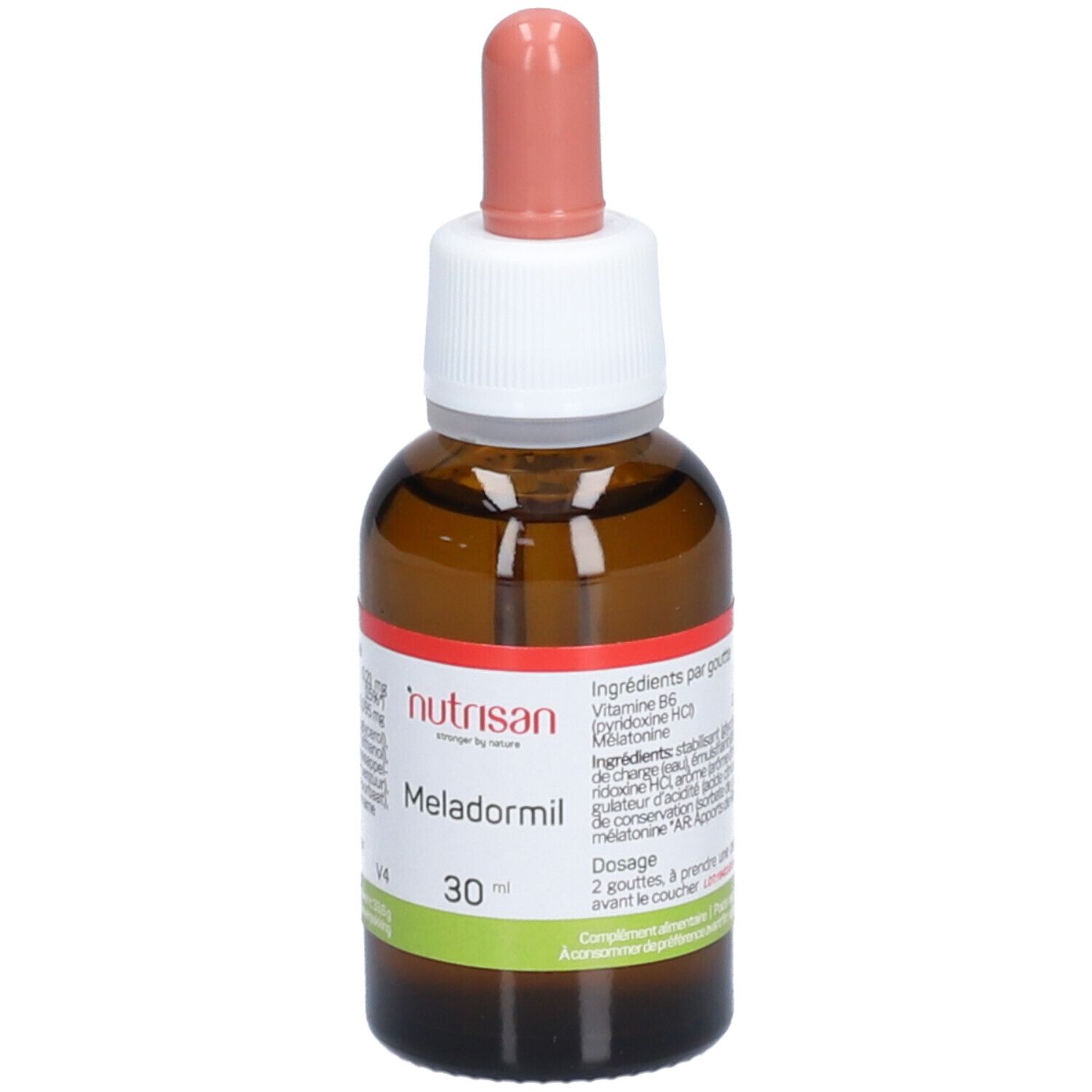 Flacon en verre brun avec compte-gouttes. Étiquette avec nom du produit et ingrédients. Marque Nutrisan, produit Meladormil.