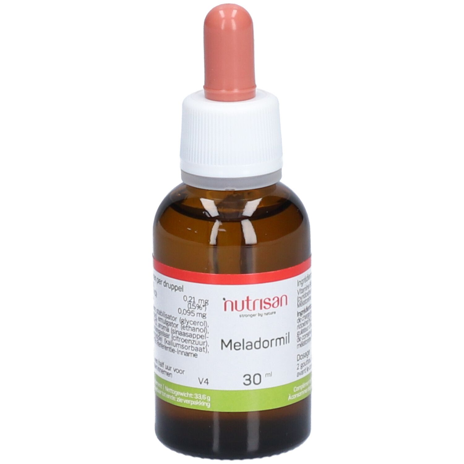 Flacon en verre brun avec compte-gouttes. Étiquette avec nom du produit et ingrédients. Marque Nutrisan, produit Meladormil.