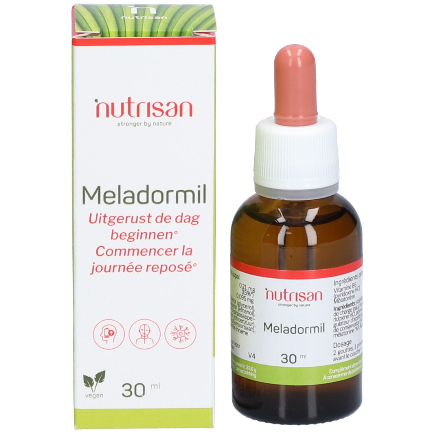 Flacon et emballage du produit. Flacon avec compte-gouttes. Emballage avec nom Meladormil et logo Nutrisan.