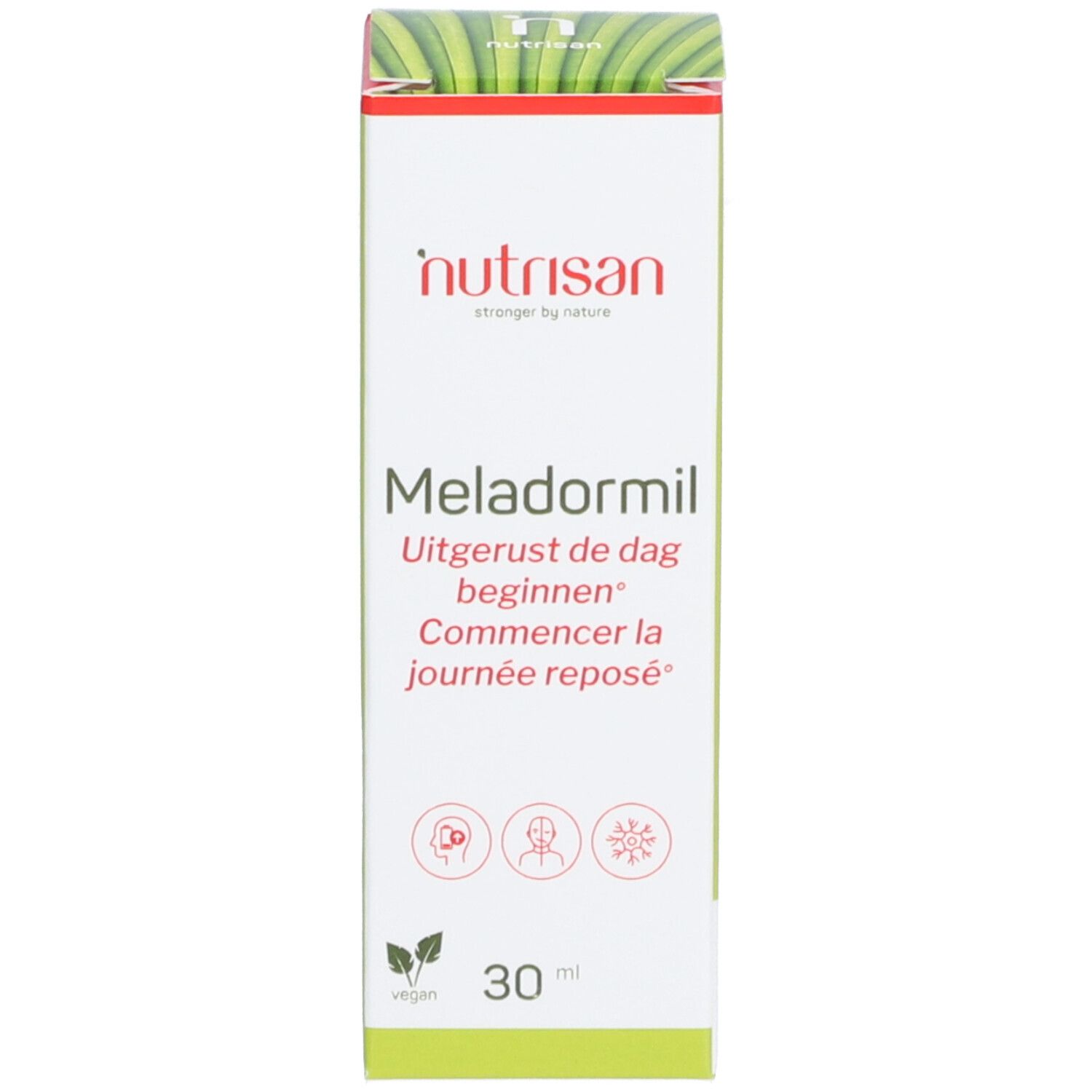 Emballage du produit. Boîte blanche avec nom Meladormil et logo Nutrisan. Label végan.